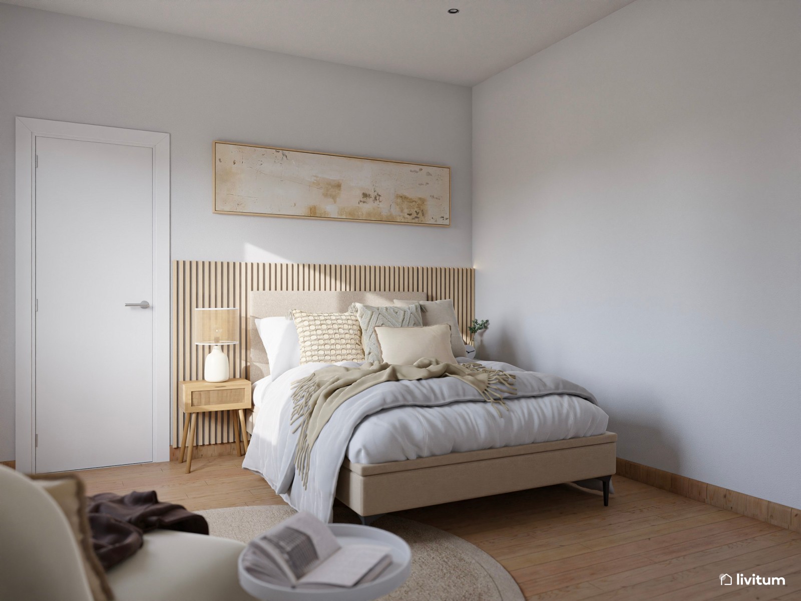 Dormitorio de estilo nórdico con madera y fibras naturales