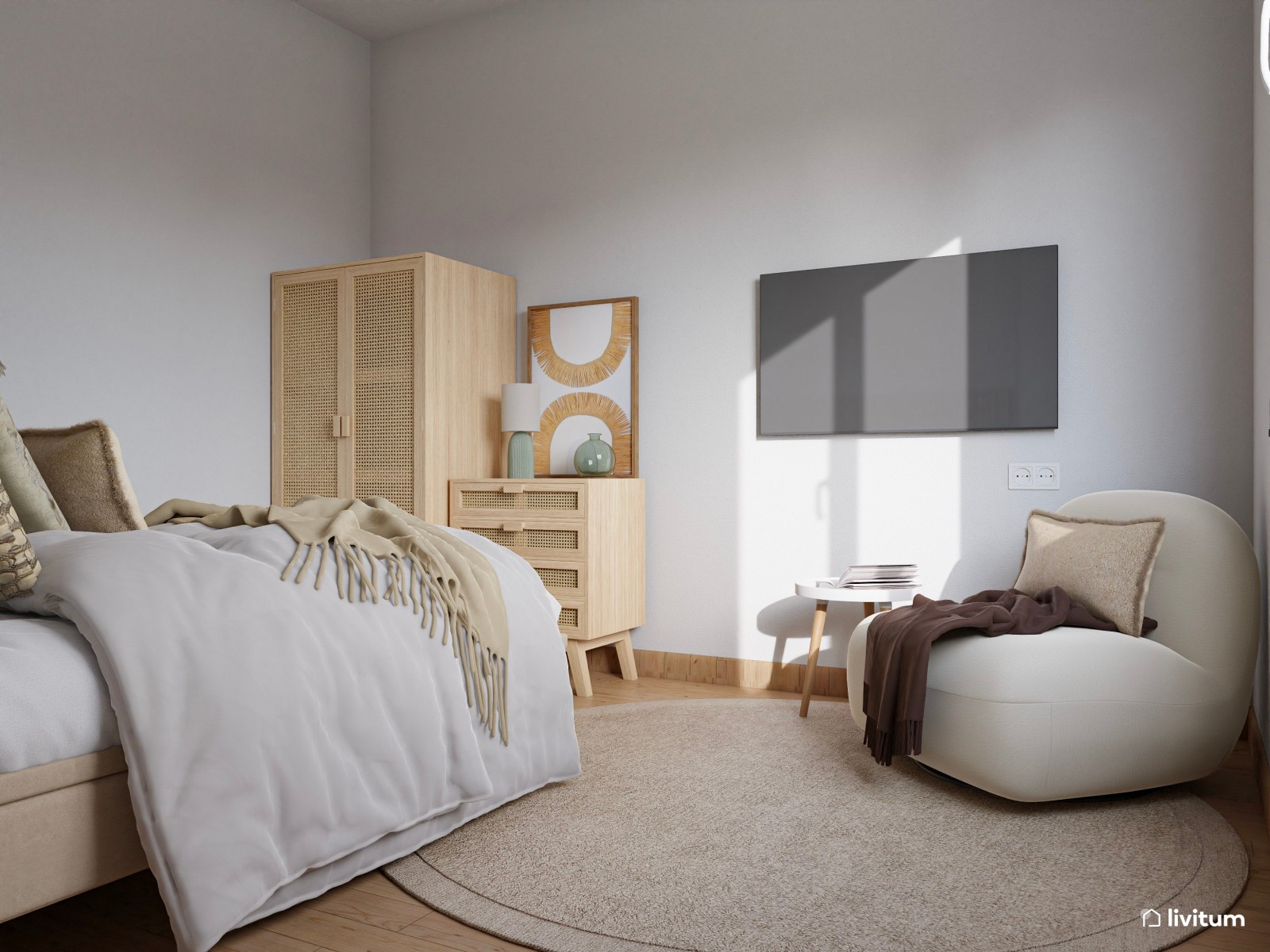 Dormitorio de estilo nórdico con madera y fibras naturales