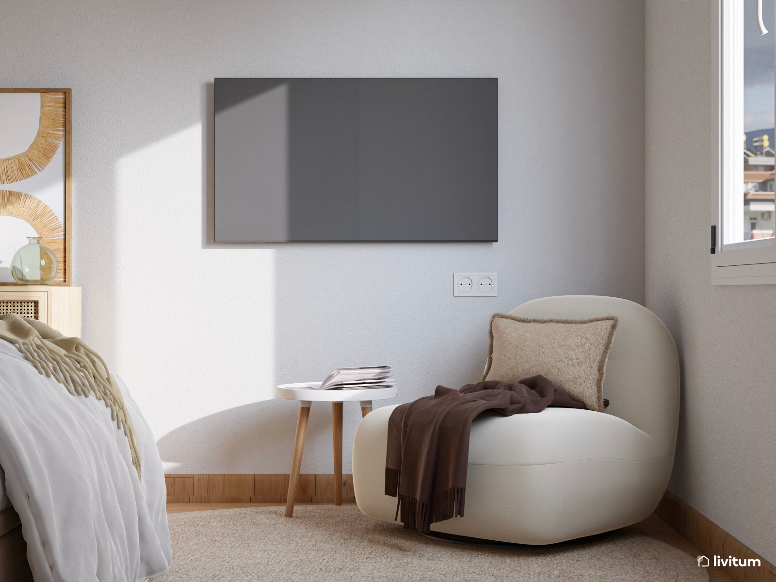 Dormitorio de estilo nórdico con madera y fibras naturales