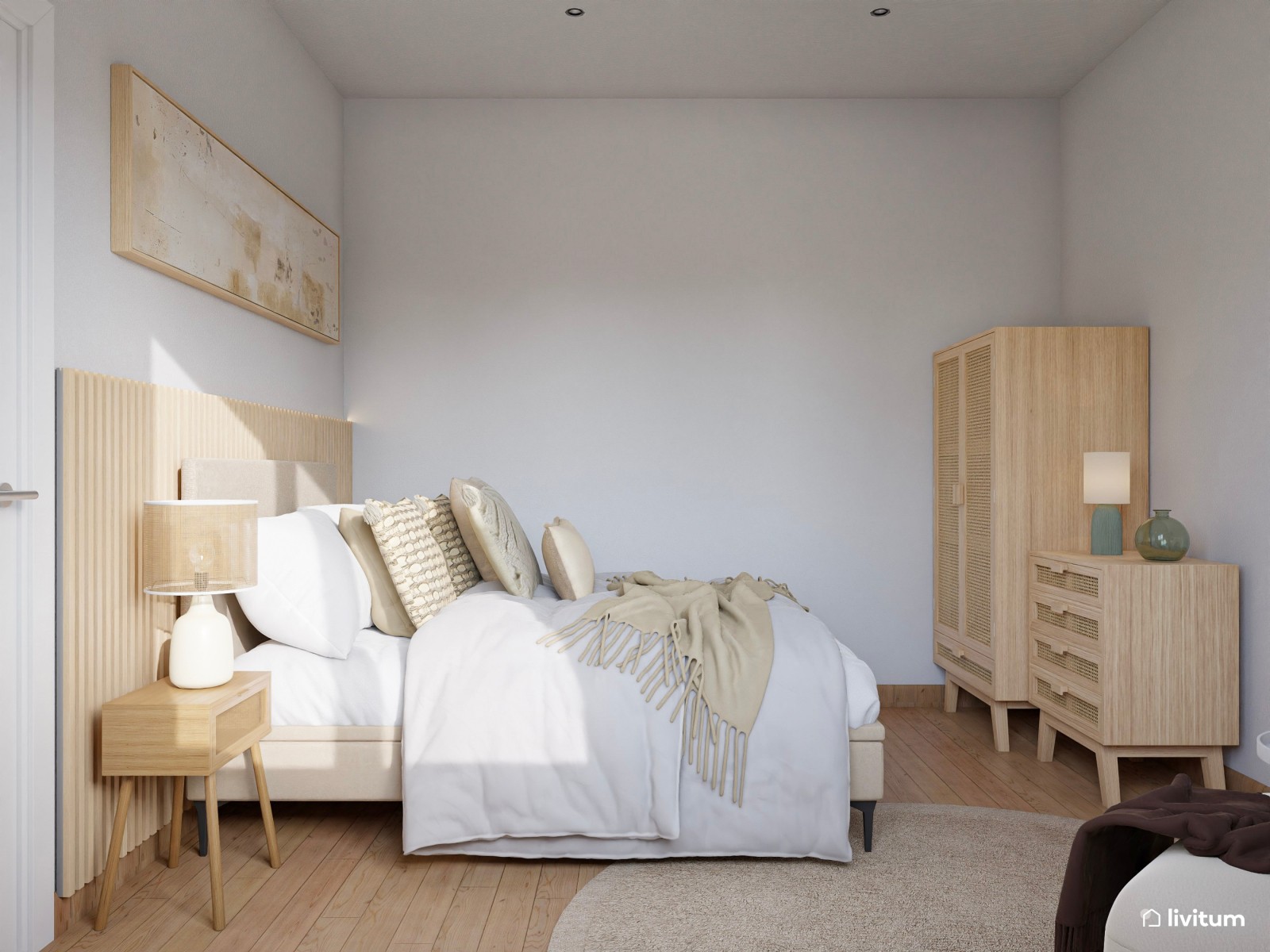 Dormitorio de estilo nórdico con madera y fibras naturales