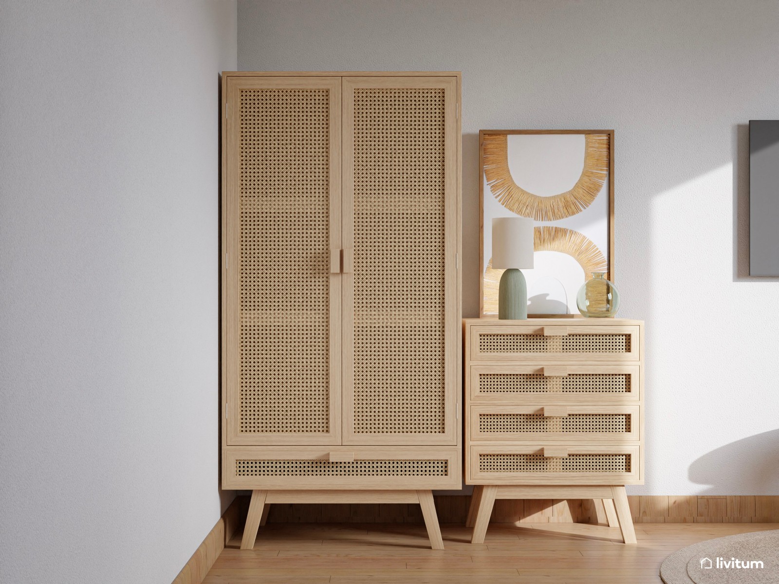 Dormitorio de estilo nórdico con madera y fibras naturales