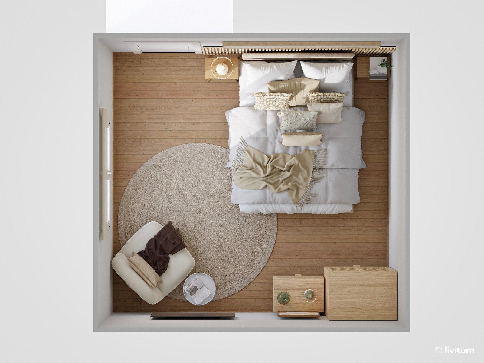 Dormitorio de estilo nórdico con madera y fibras naturales
