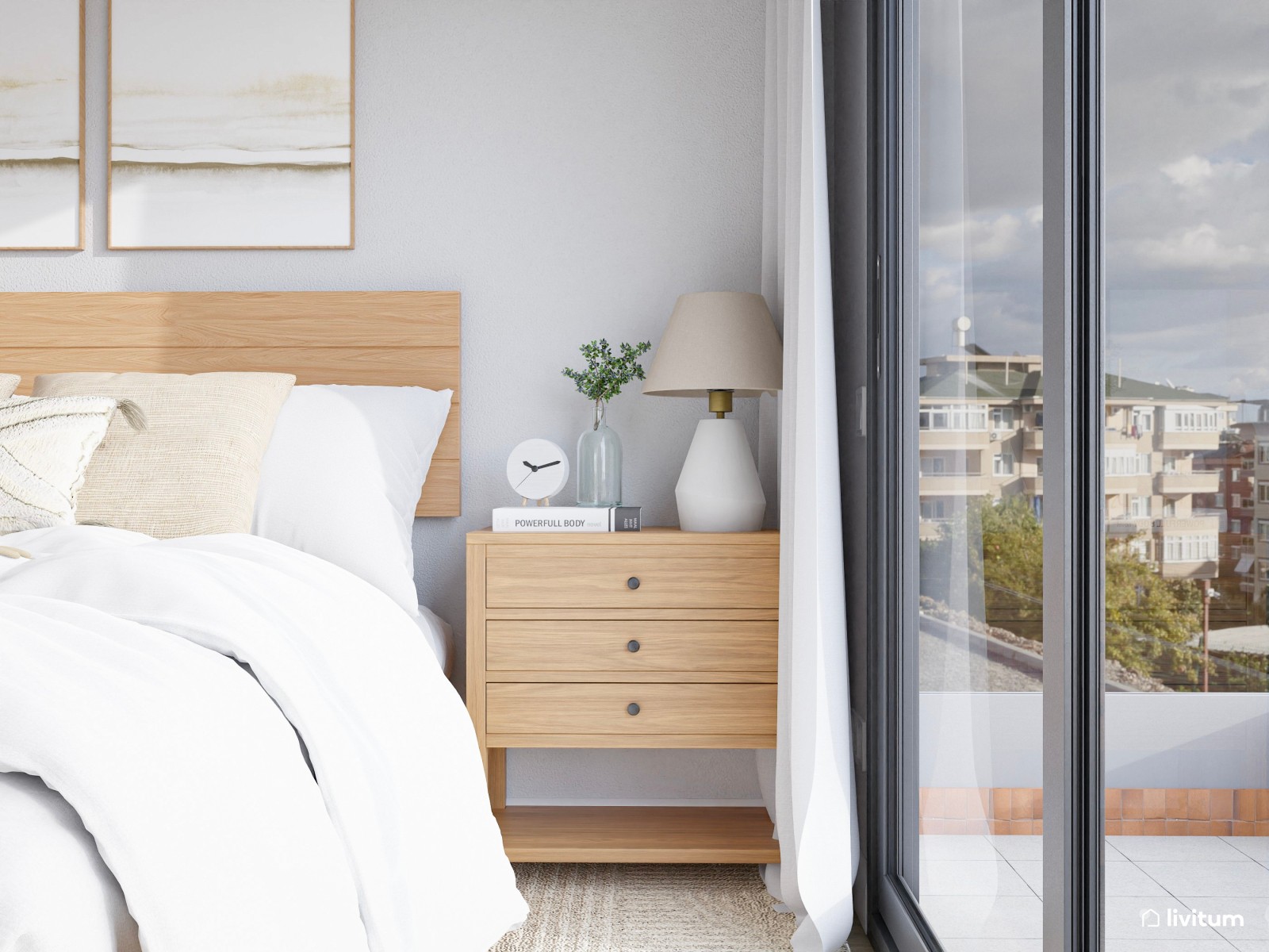 Dormitorio de estilo nórdico con mucho almacenaje