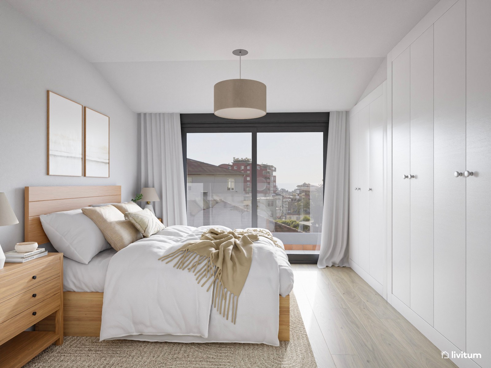Dormitorio de estilo nórdico con mucho almacenaje