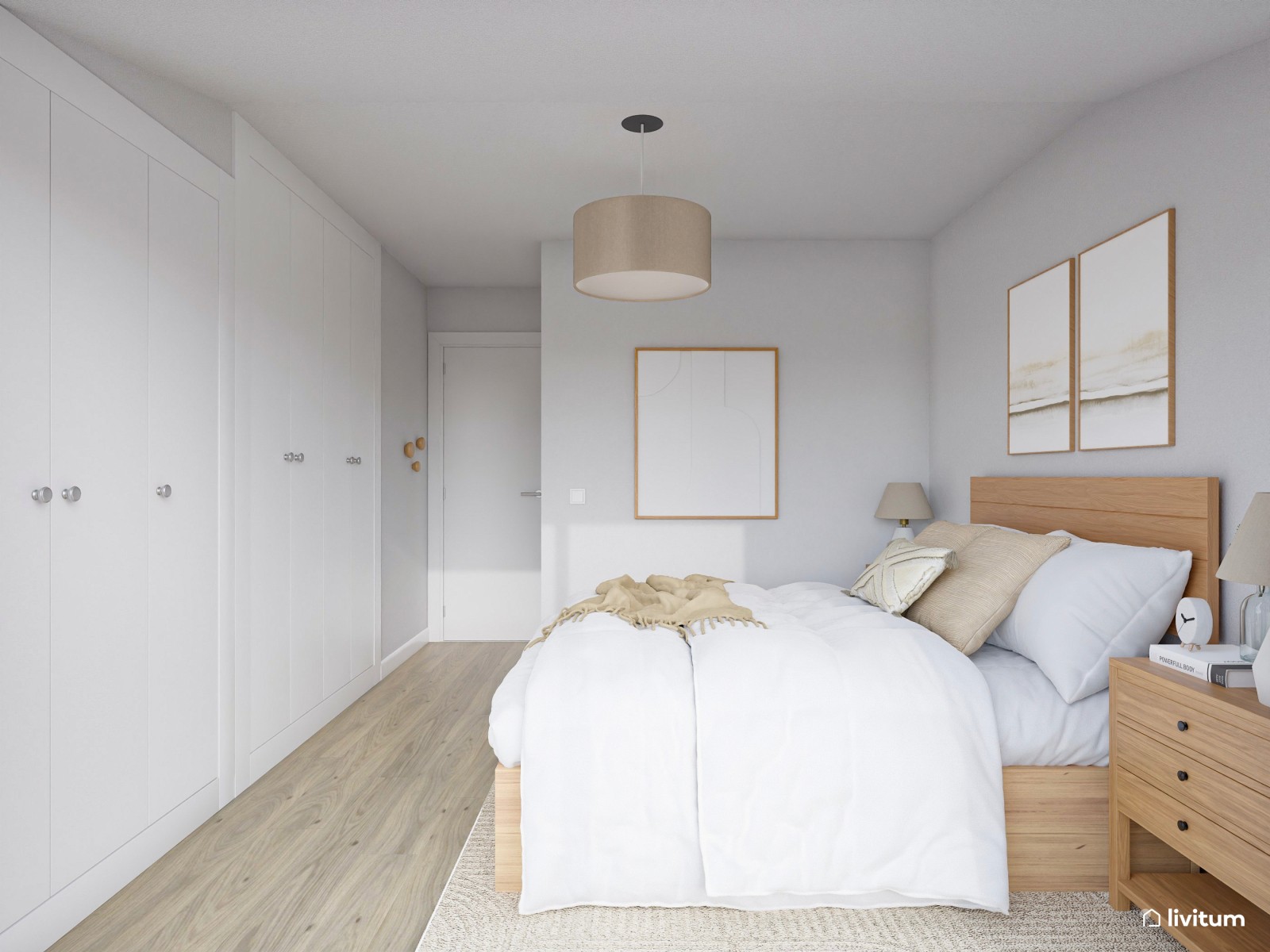 Dormitorio de estilo nórdico con mucho almacenaje