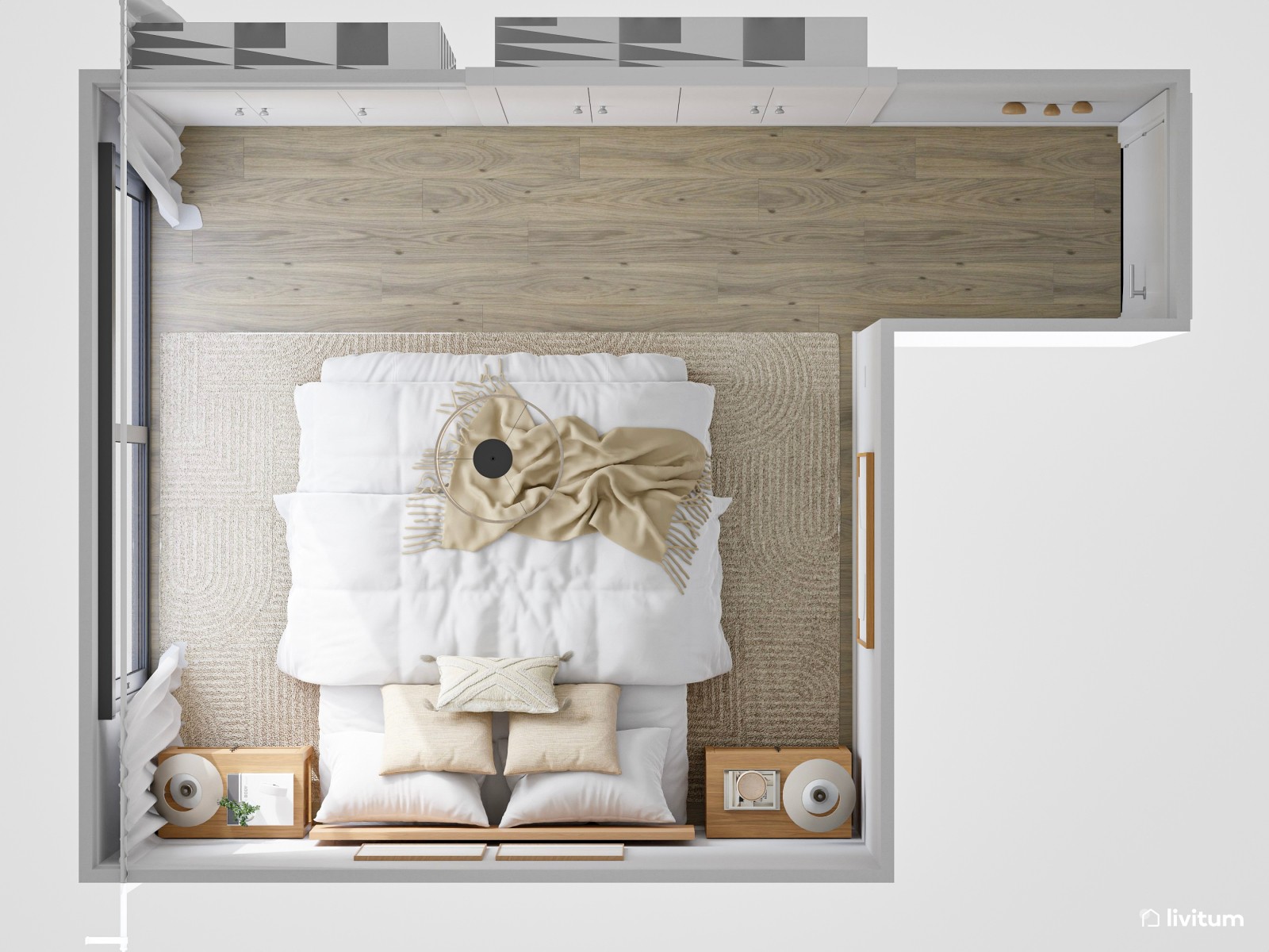 Dormitorio de estilo nórdico con mucho almacenaje