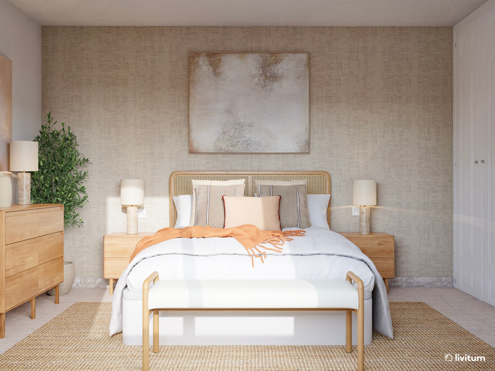 Dormitorio de estilo nórdico con pared principal empapelada