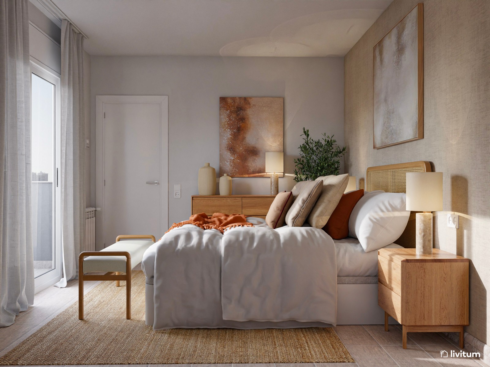Dormitorio de estilo nórdico con pared principal empapelada