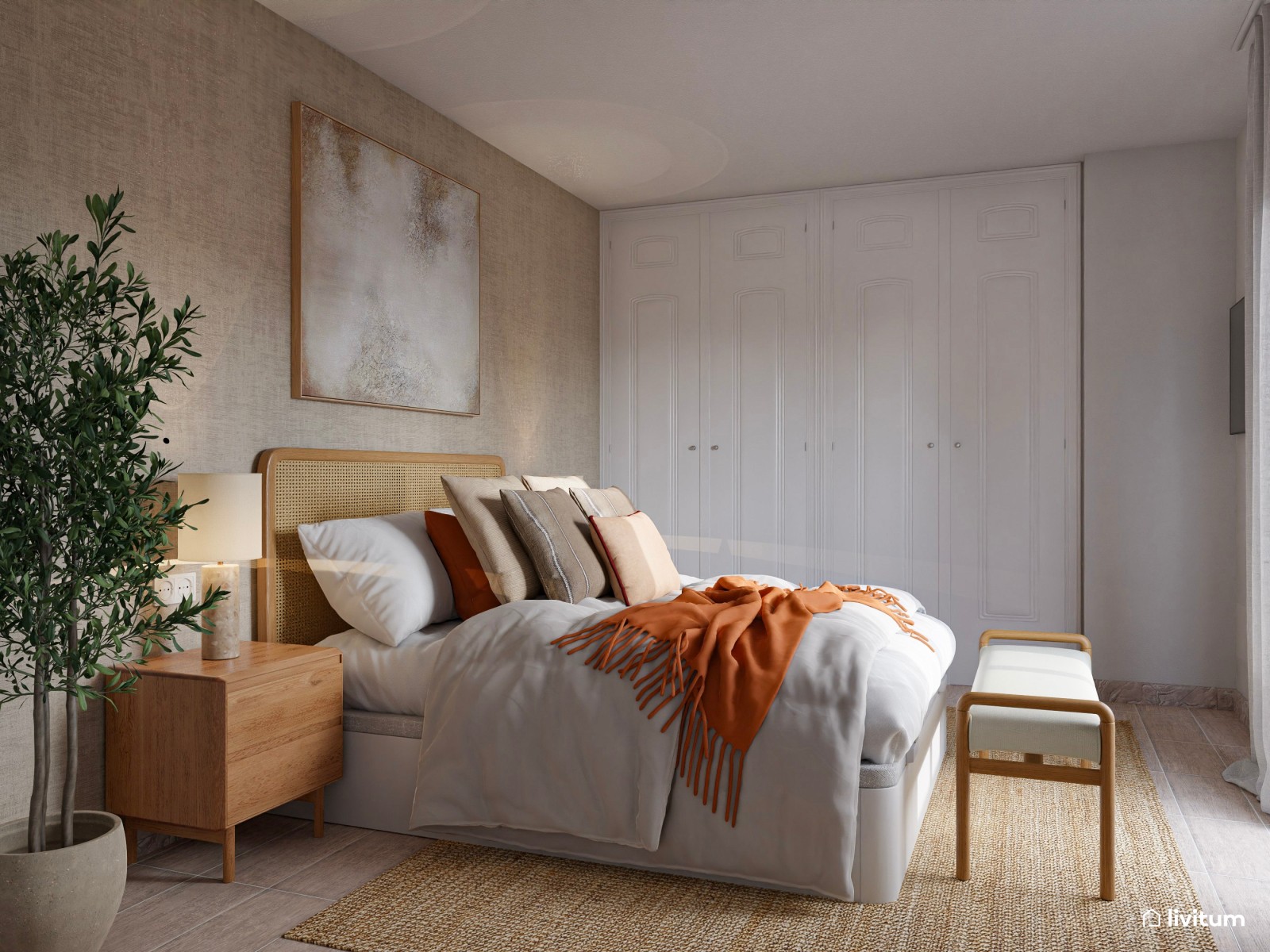 Dormitorio de estilo nórdico con pared principal empapelada