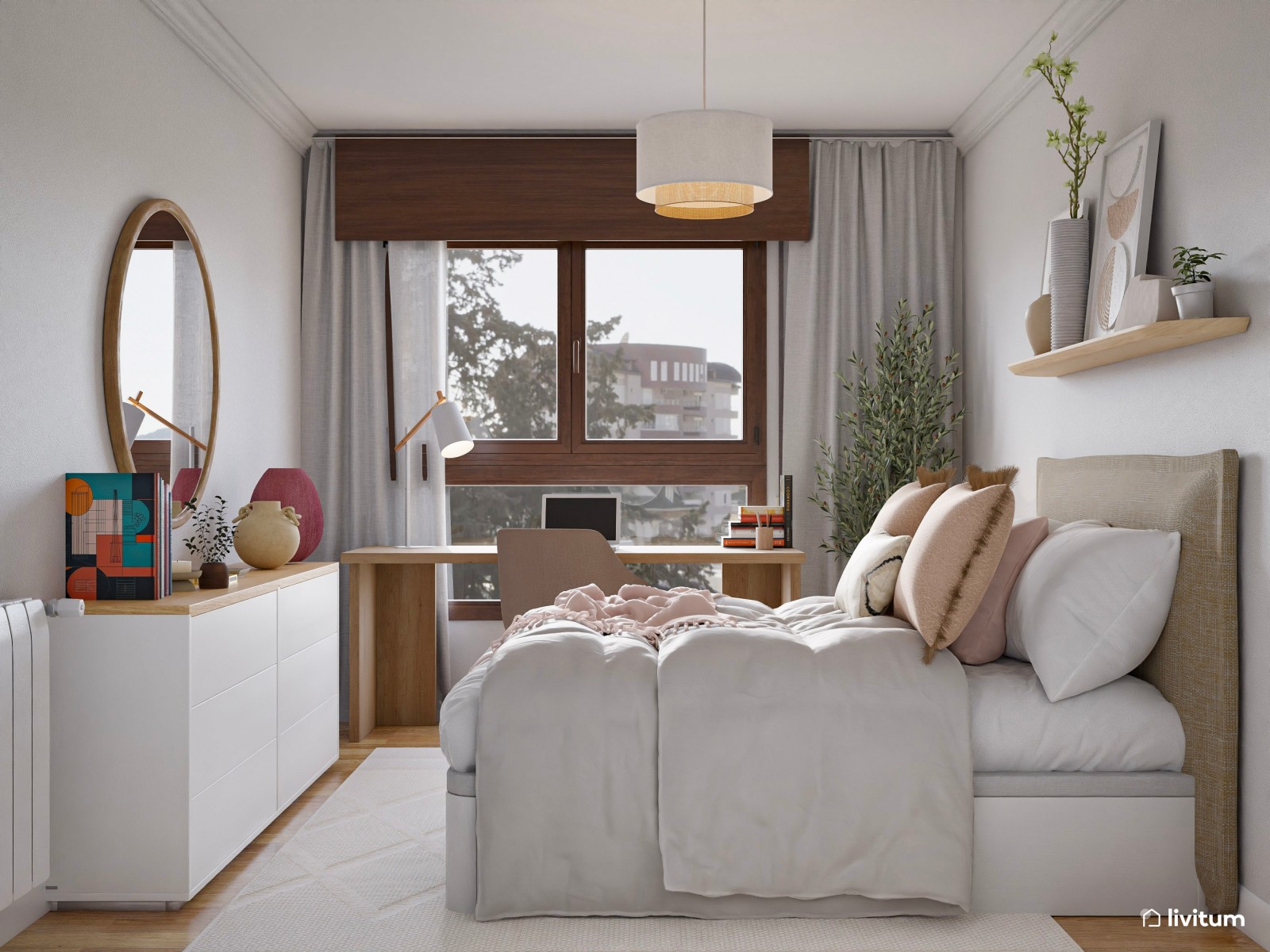 Dormitorio de estilo nórdico con zona de escritorio y detalles rosados