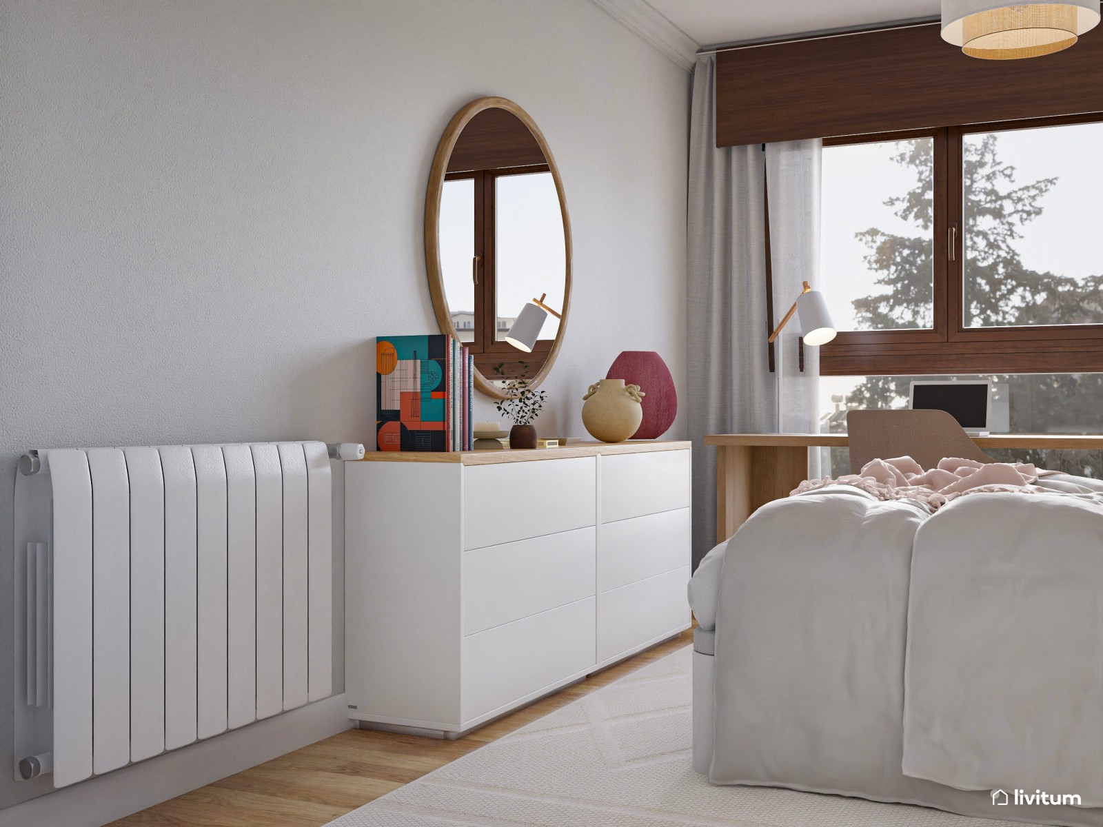 Dormitorio de estilo nórdico con zona de escritorio y detalles rosados