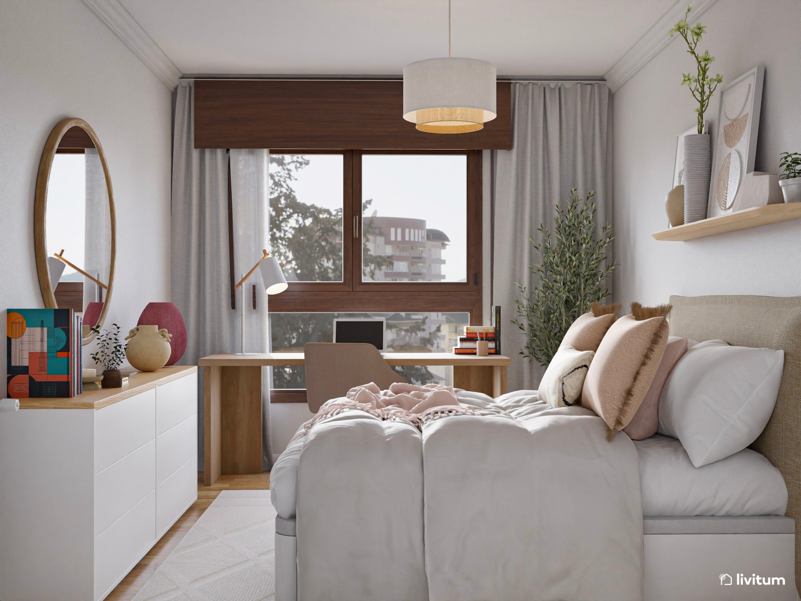 Dormitorio de estilo nórdico con zona de escritorio y detalles rosados