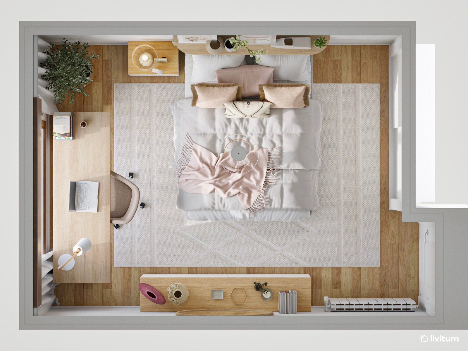 Dormitorio de estilo nórdico con zona de escritorio y detalles rosados