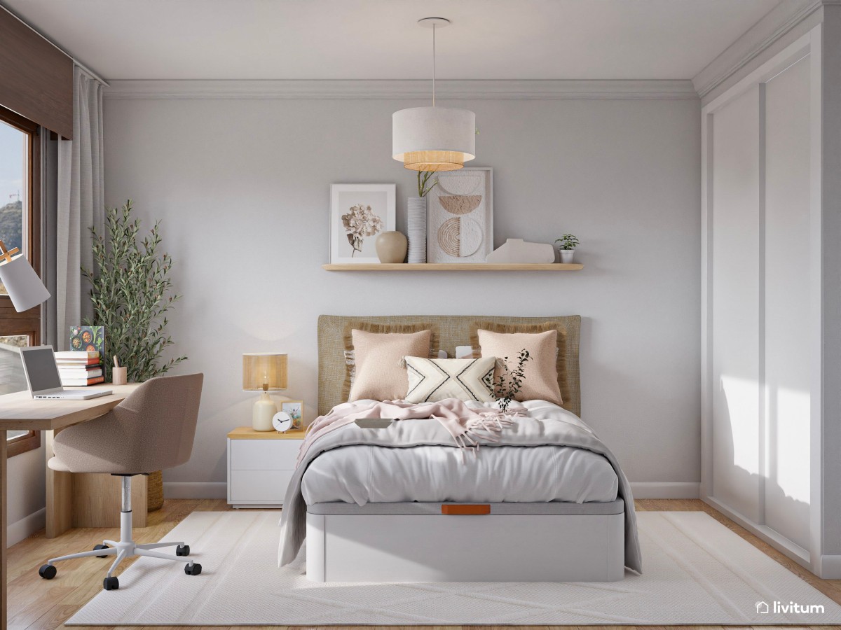 Dormitorio de estilo nórdico con zona de escritorio y detalles rosados