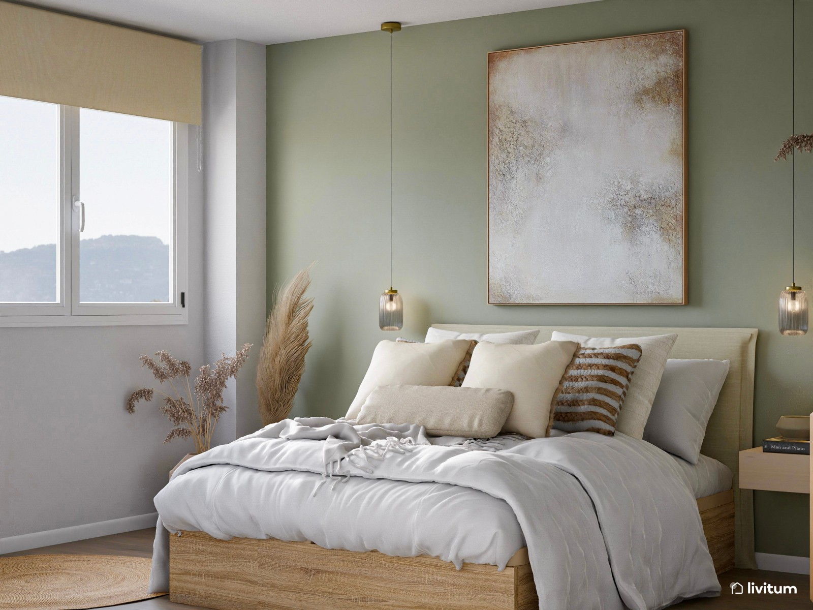 Dormitorio de estilo nórdico en madera, fibras naturales y color verde