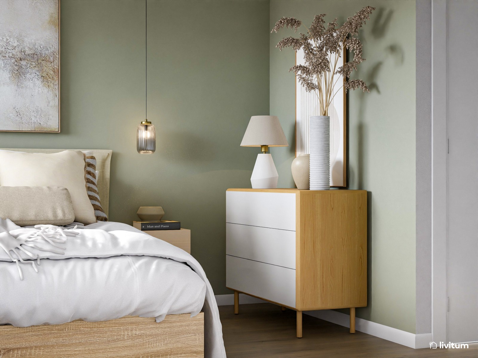 Dormitorio de estilo nórdico en madera, fibras naturales y color verde