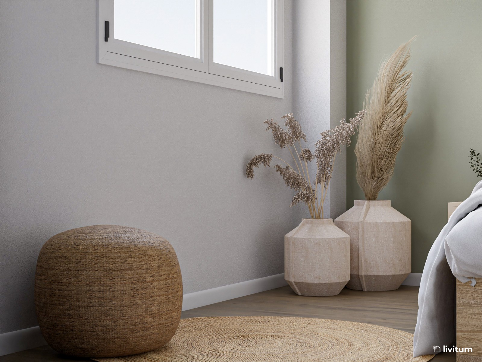 Dormitorio de estilo nórdico en madera, fibras naturales y color verde