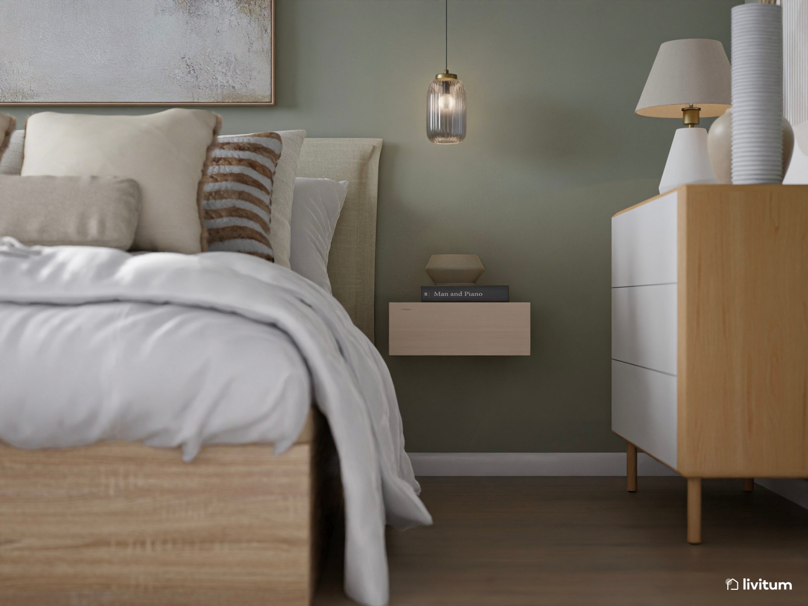 Dormitorio de estilo nórdico en madera, fibras naturales y color verde