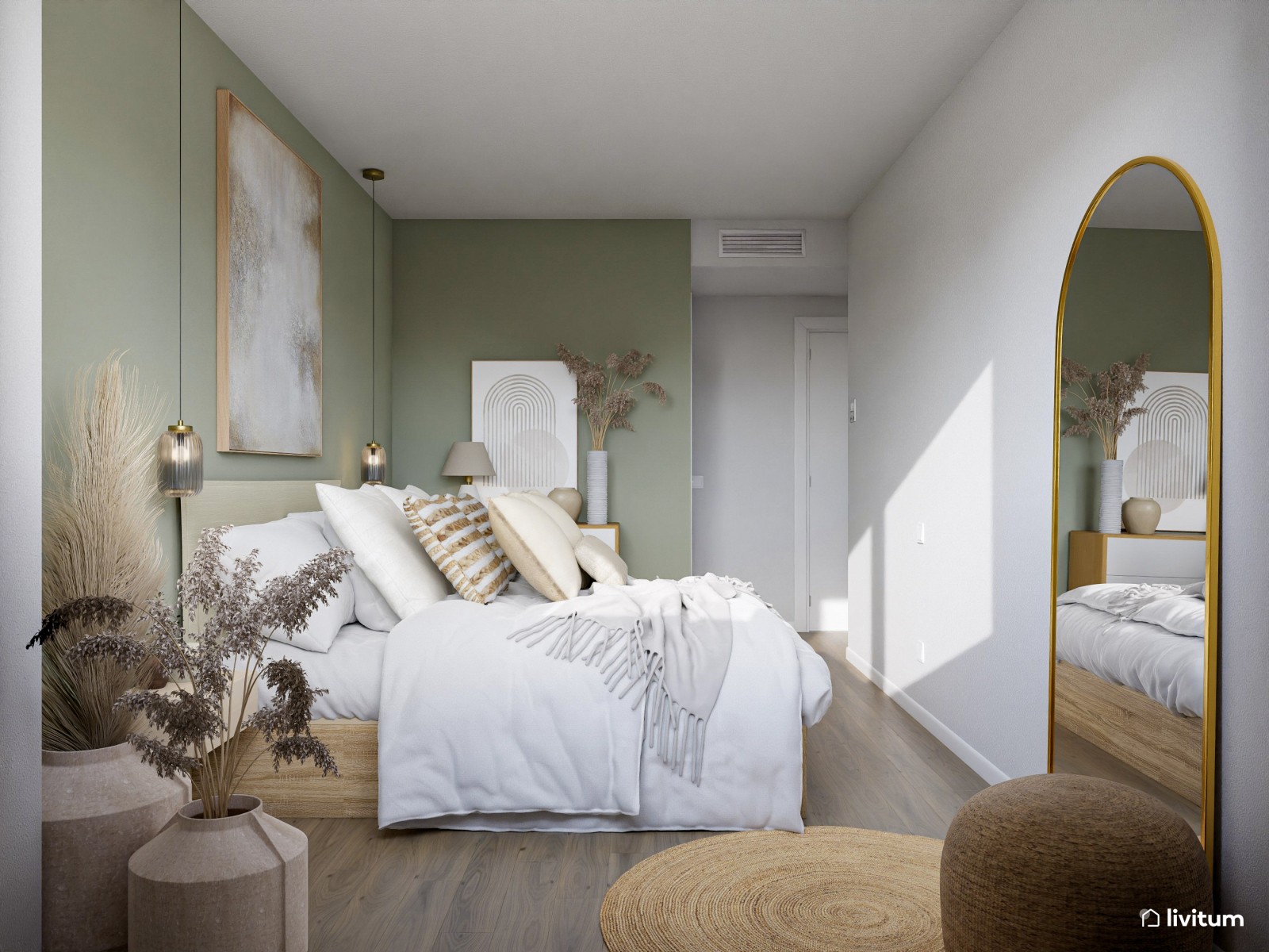 Dormitorio de estilo nórdico en madera, fibras naturales y color verde