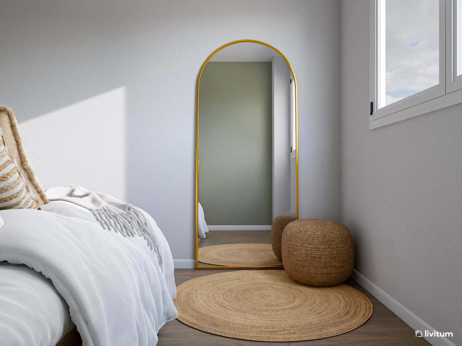 Dormitorio de estilo nórdico en madera, fibras naturales y color verde