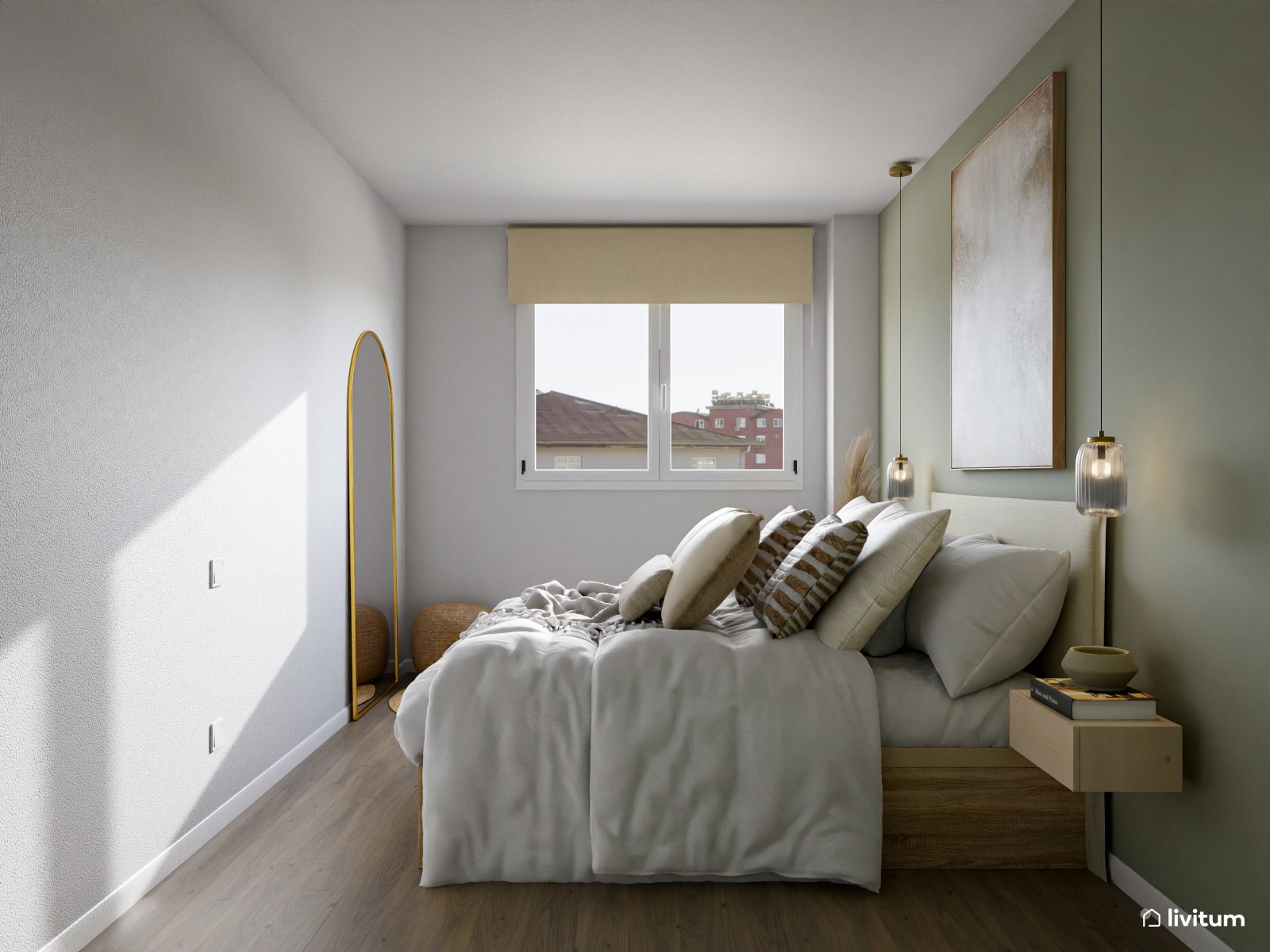 Dormitorio de estilo nórdico en madera, fibras naturales y color verde