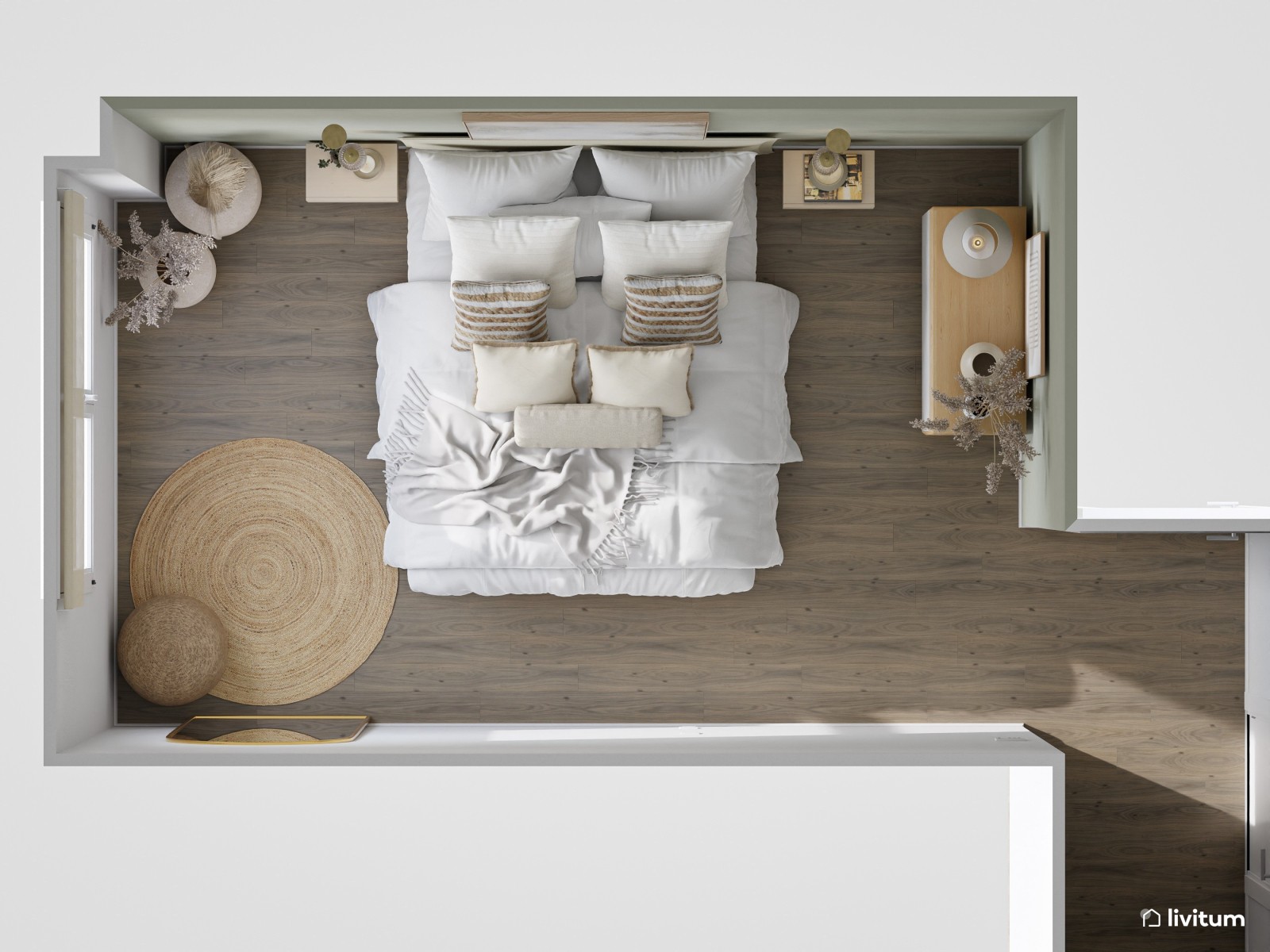 Dormitorio de estilo nórdico en madera, fibras naturales y color verde