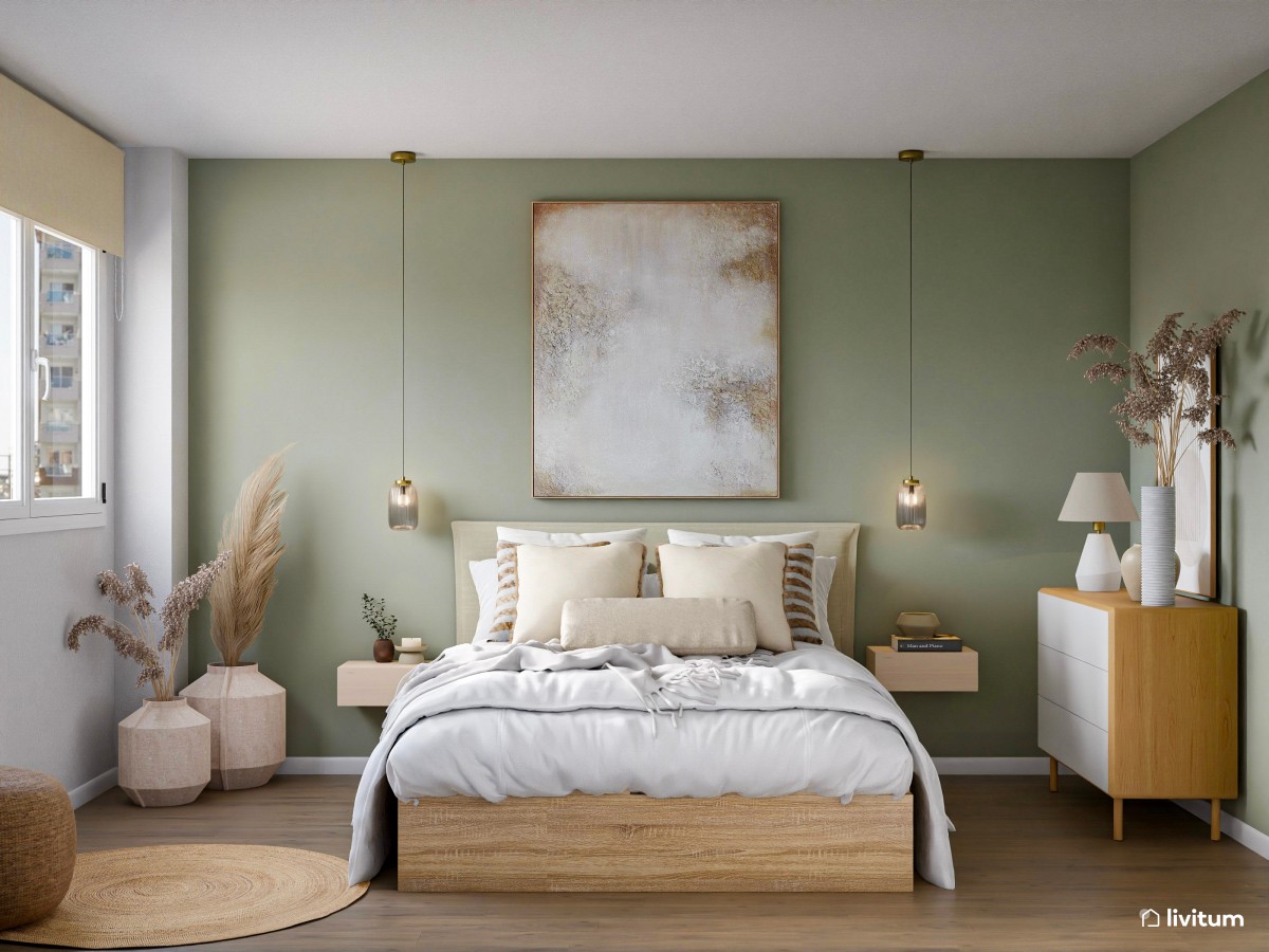 Dormitorio de estilo nórdico en madera, fibras naturales y color verde