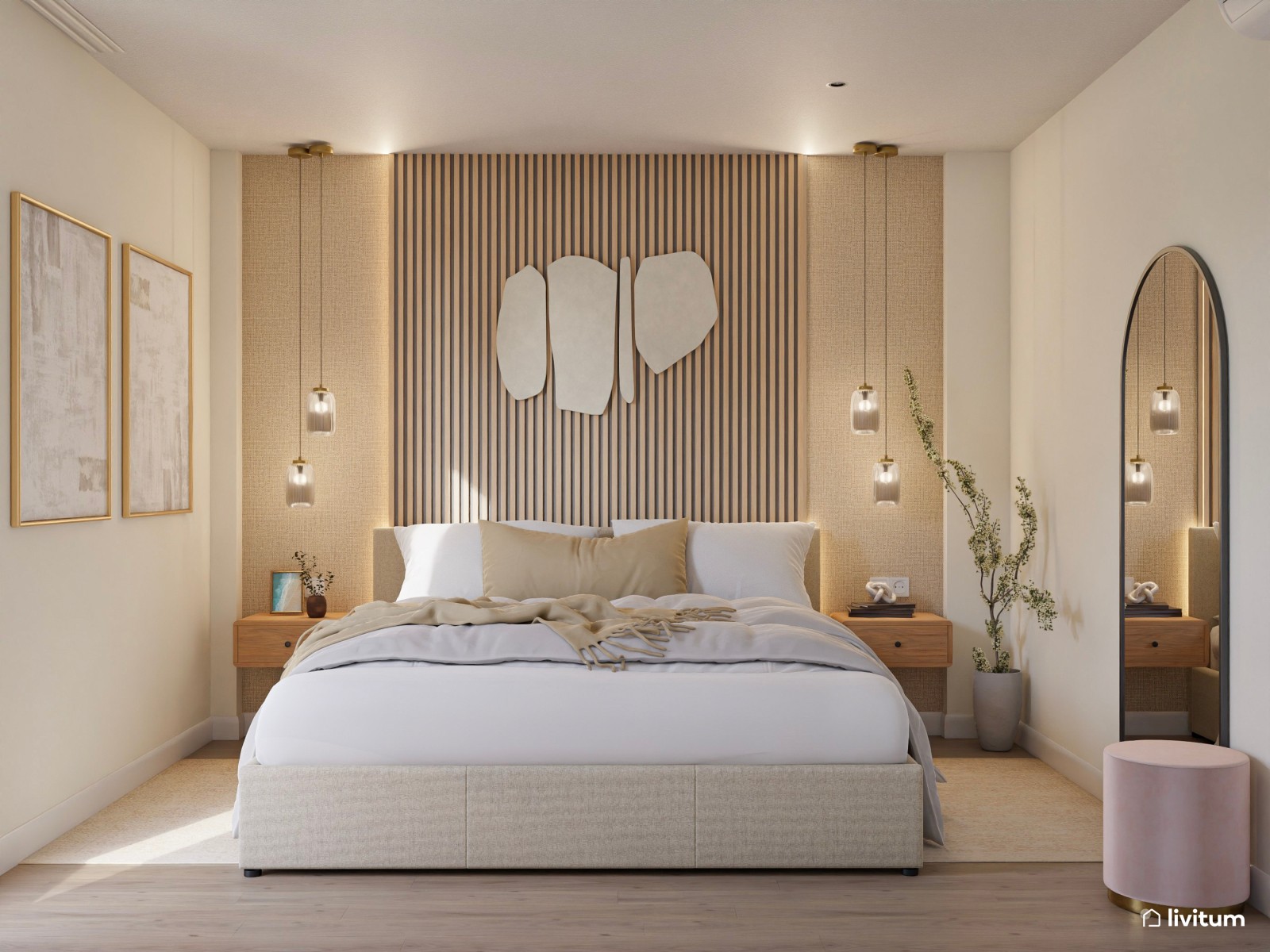 Dormitorio de estilo nórdico en tonos tierra + madera y escritorio