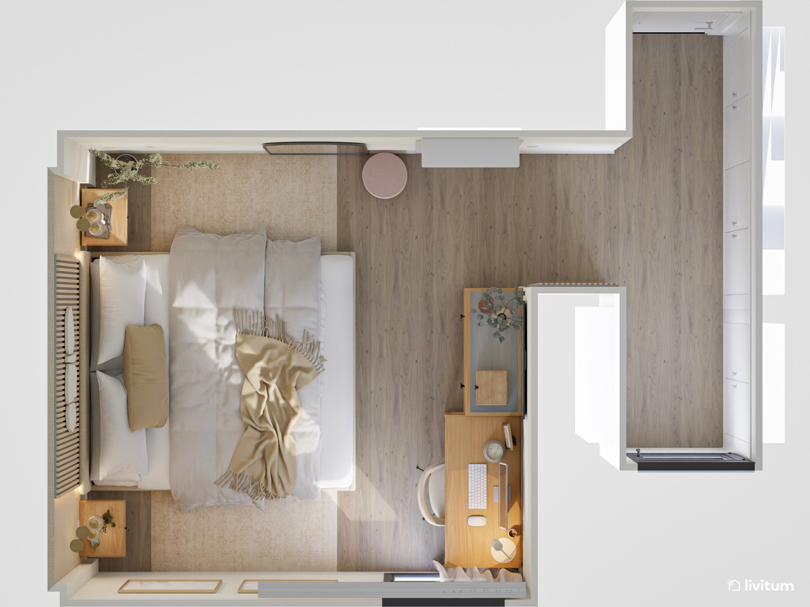 Dormitorio de estilo nórdico en tonos tierra + madera y escritorio