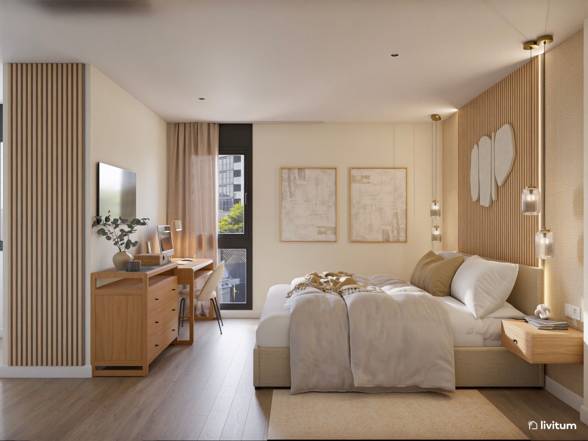 Dormitorio de estilo nórdico en tonos tierra + madera y escritorio