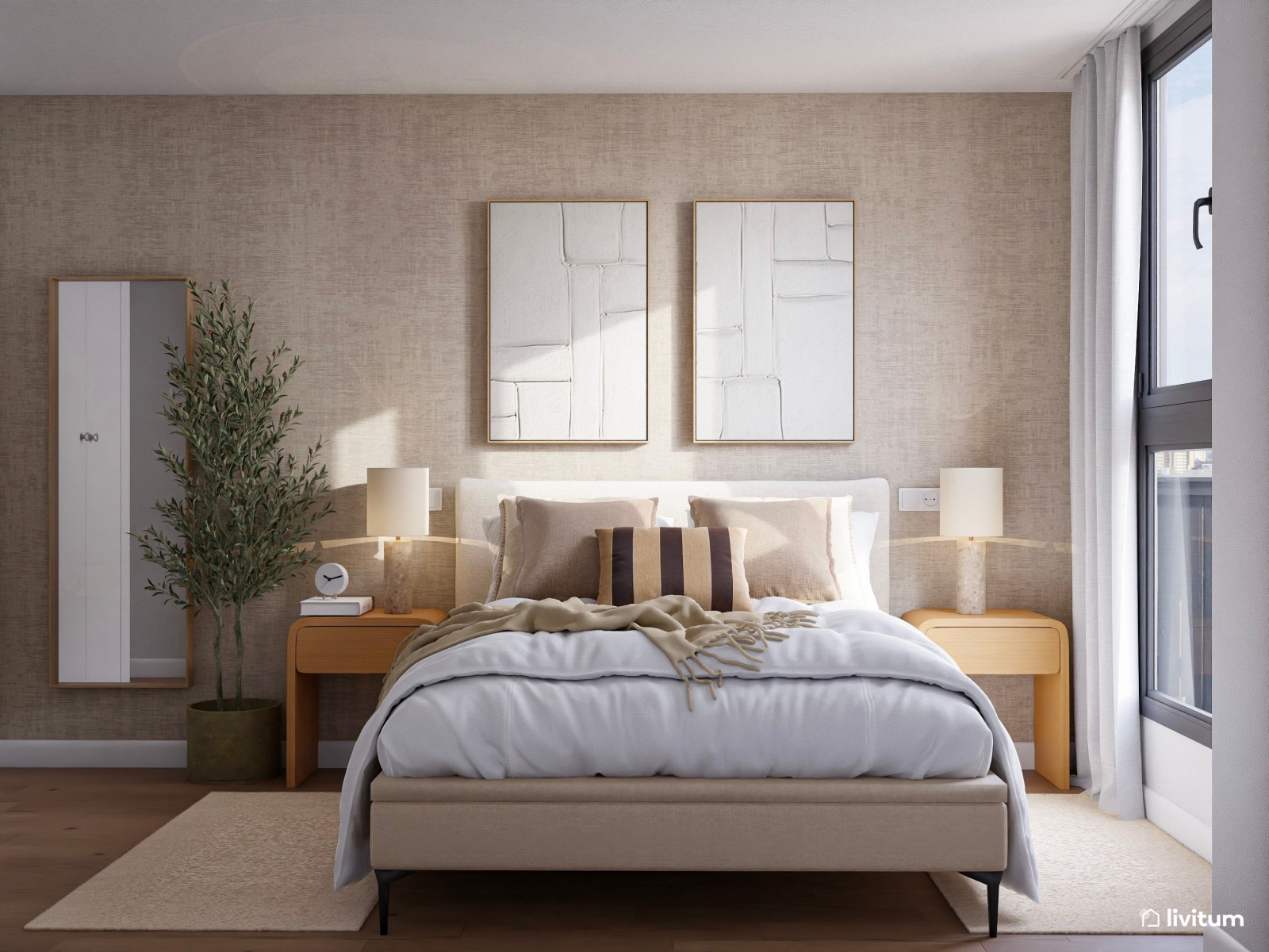 Dormitorio de estilo nórdico estrecho y alargado