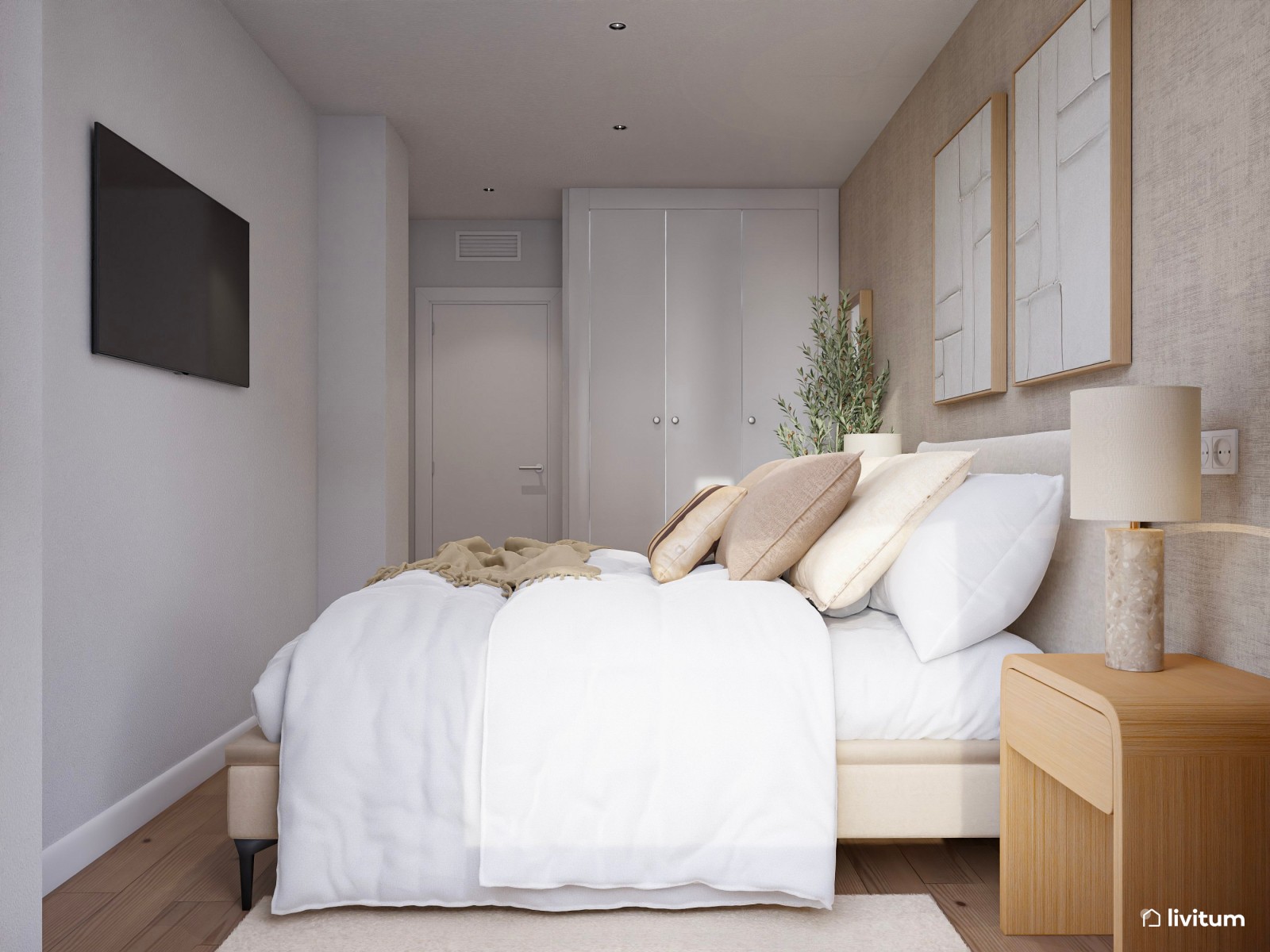 Dormitorio de estilo nórdico estrecho y alargado