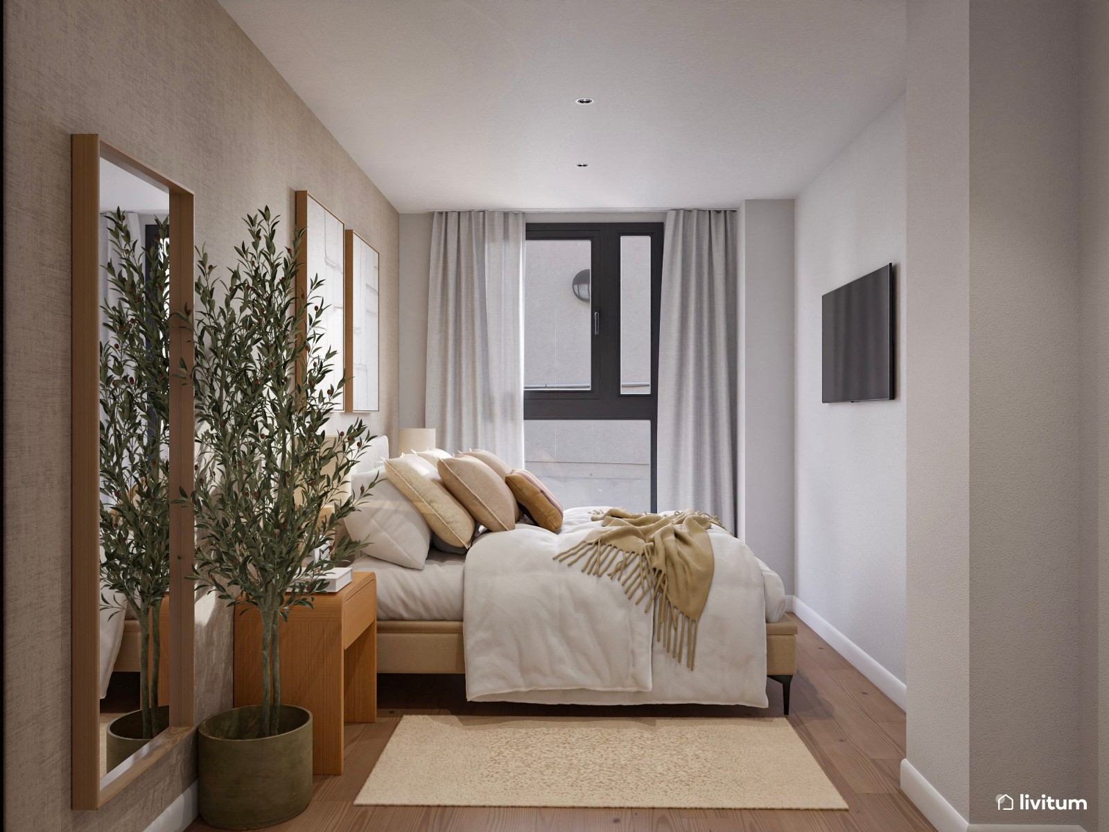 Dormitorio de estilo nórdico estrecho y alargado