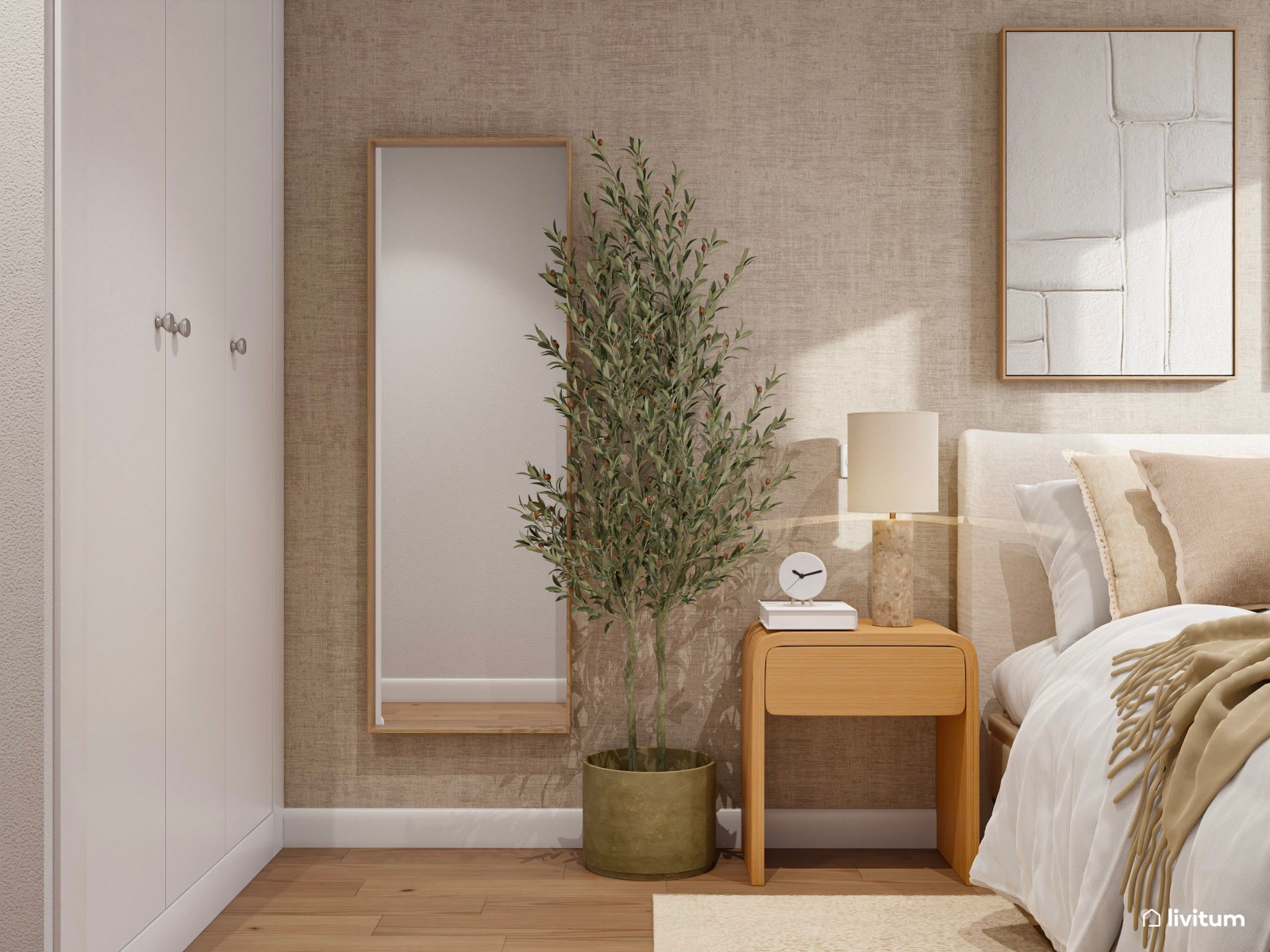 Dormitorio de estilo nórdico estrecho y alargado