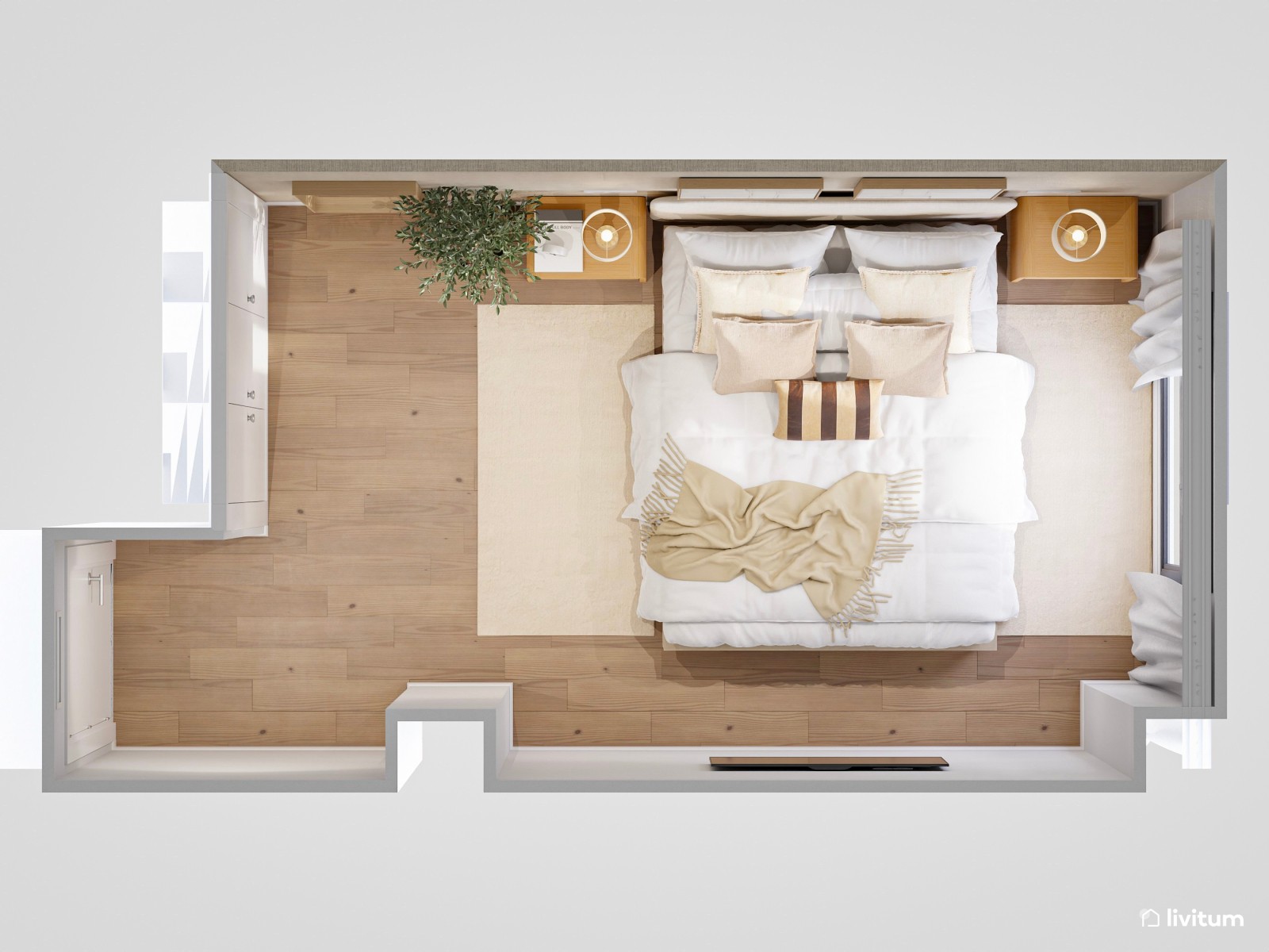 Dormitorio de estilo nórdico estrecho y alargado