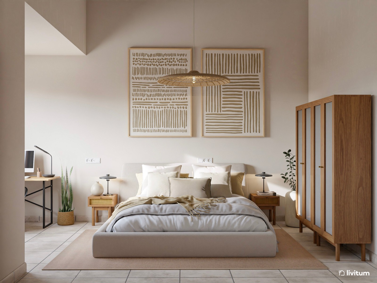 Dormitorio de estilo rústico con escritorio y pequeño rincón de lectura