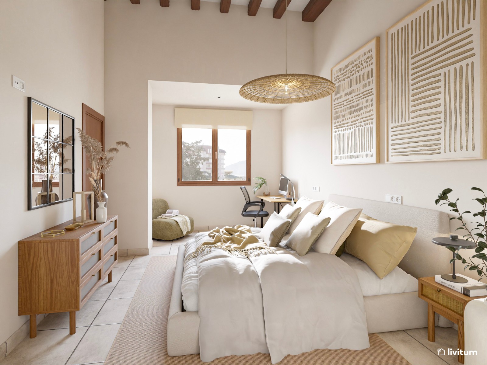 Dormitorio de estilo rústico con escritorio y pequeño rincón de lectura