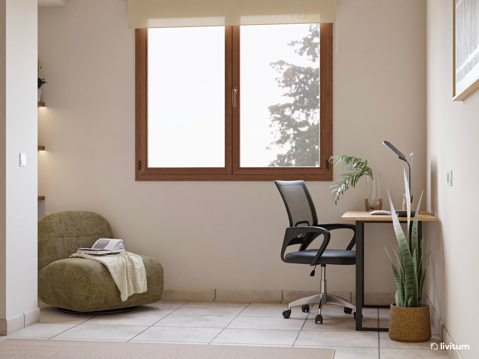 Dormitorio de estilo rústico con escritorio y pequeño rincón de lectura