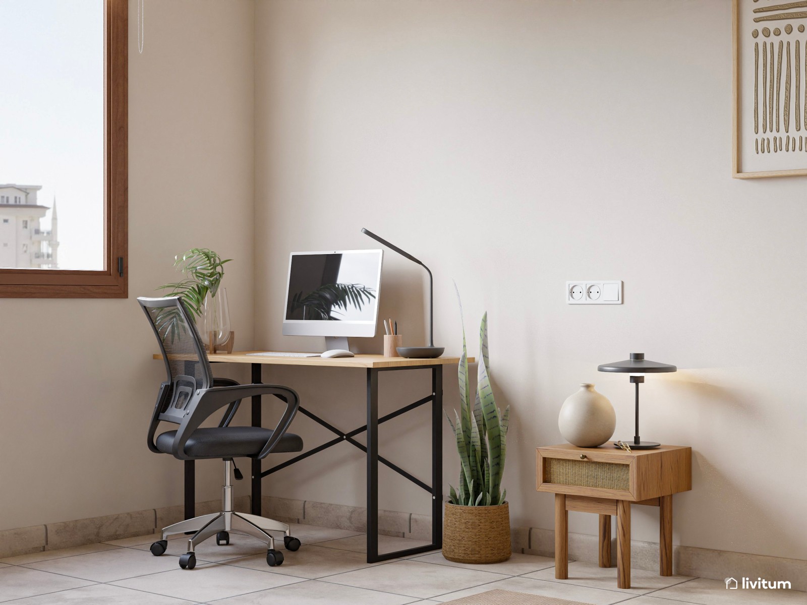 Dormitorio de estilo rústico con escritorio y pequeño rincón de lectura