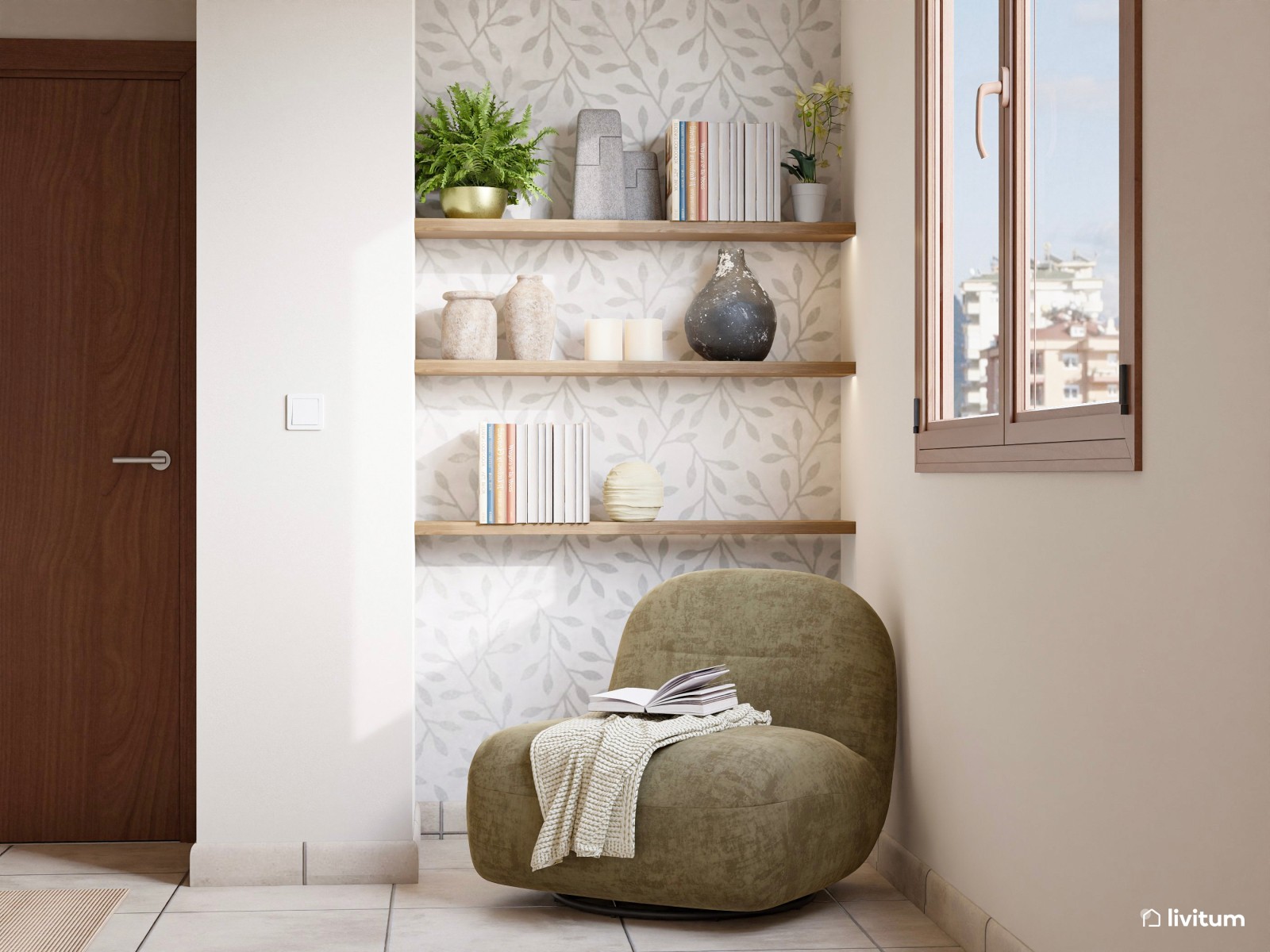 Dormitorio de estilo rústico con escritorio y pequeño rincón de lectura