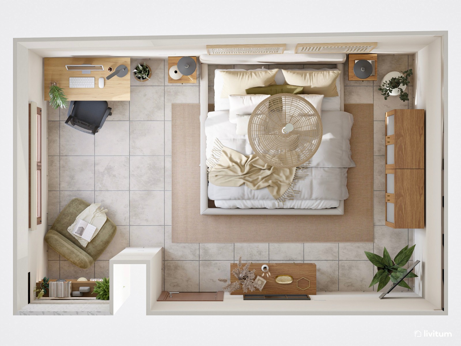 Dormitorio de estilo rústico con escritorio y pequeño rincón de lectura