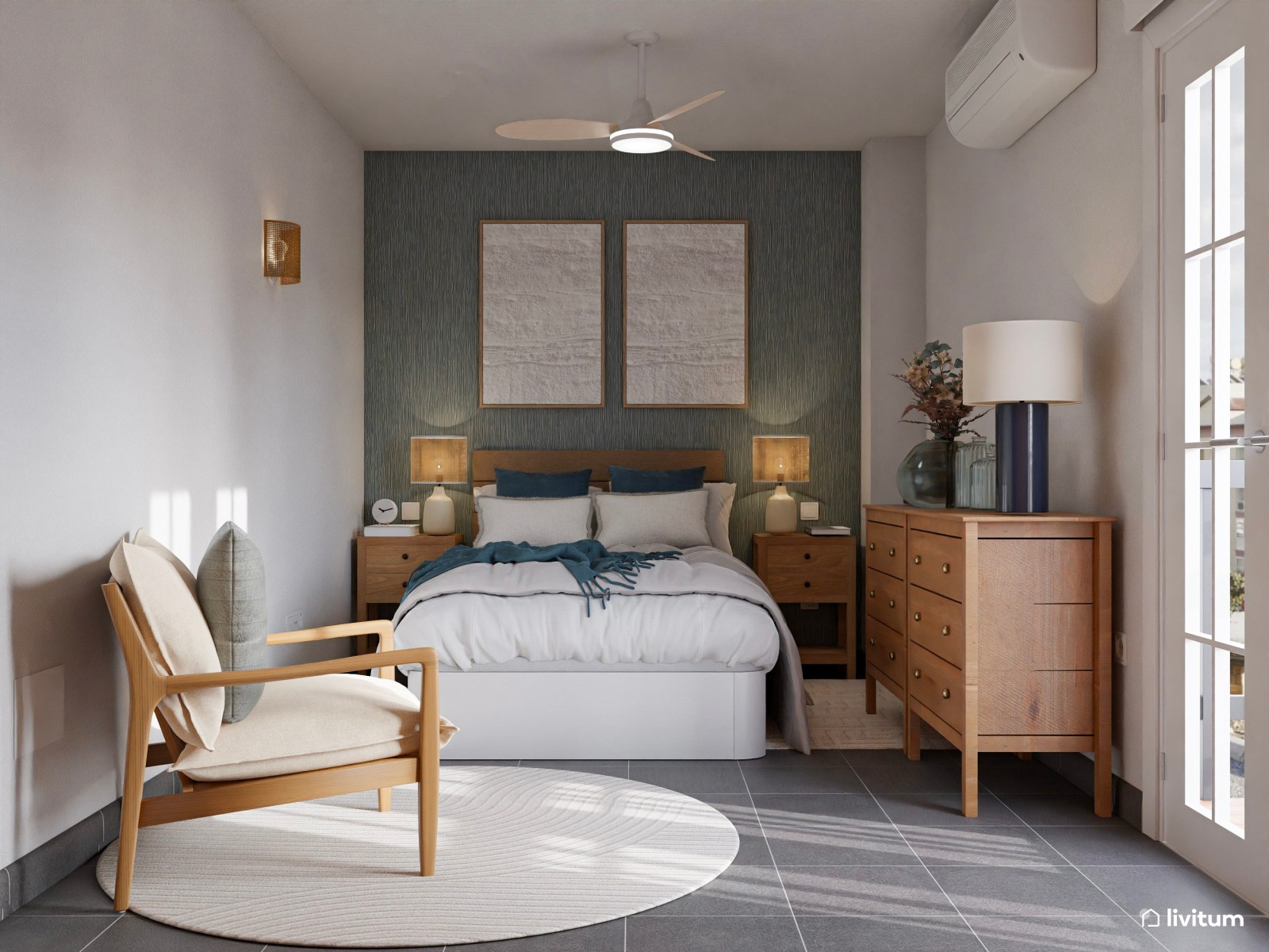 Dormitorio de estilo rústico con la combinación madera + verde