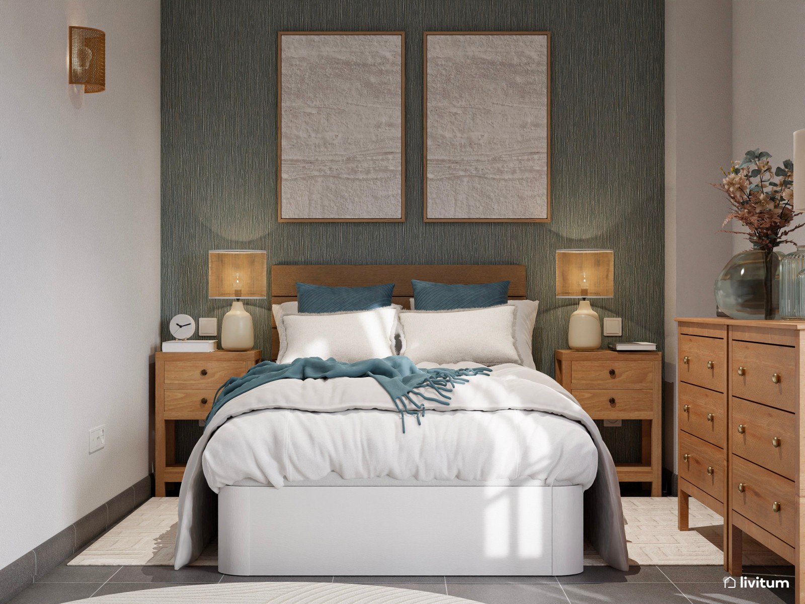 Dormitorio de estilo rústico con la combinación madera + verde