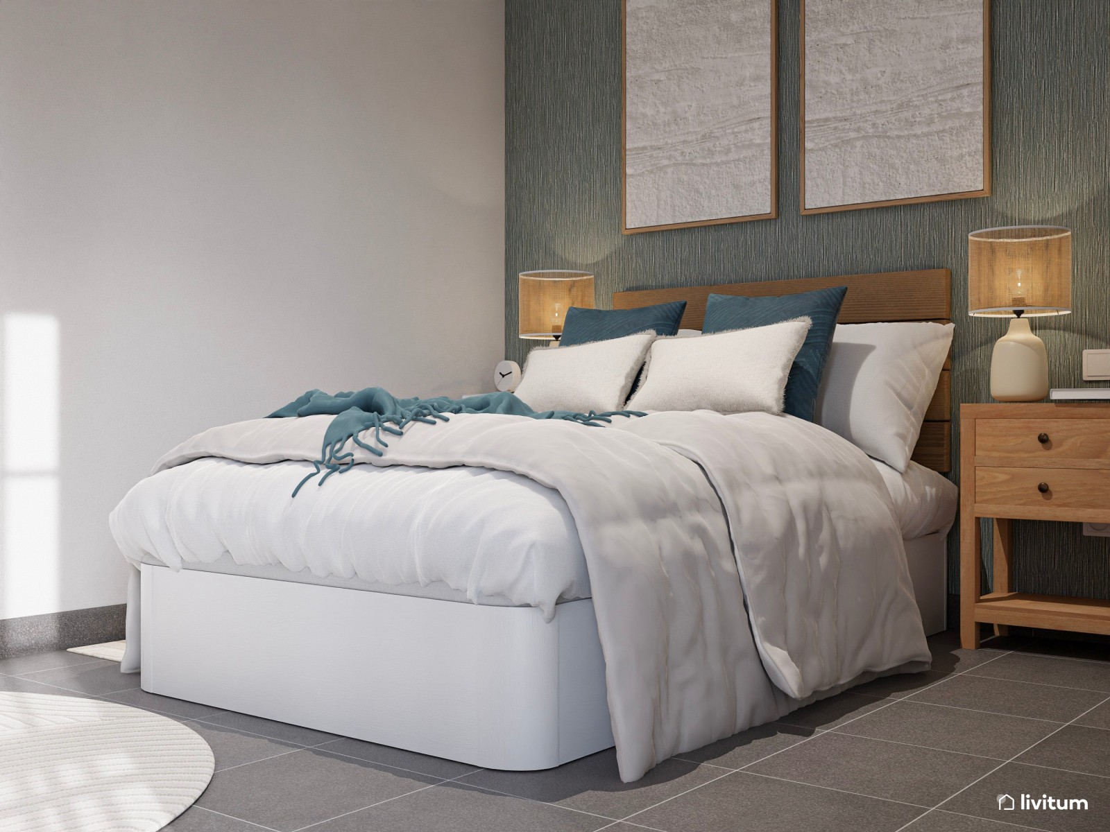 Dormitorio de estilo rústico con la combinación madera + verde