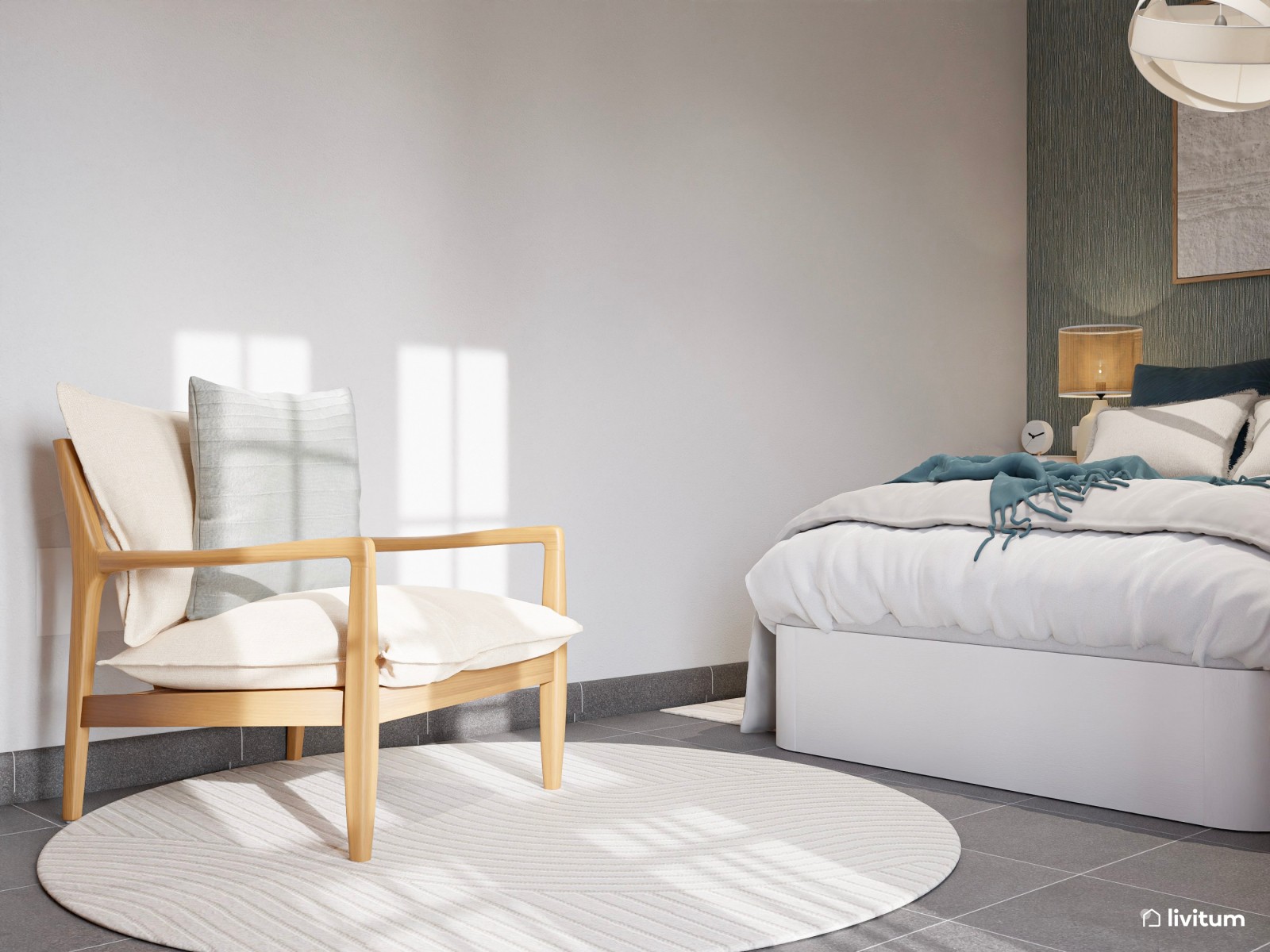 Dormitorio de estilo rústico con la combinación madera + verde