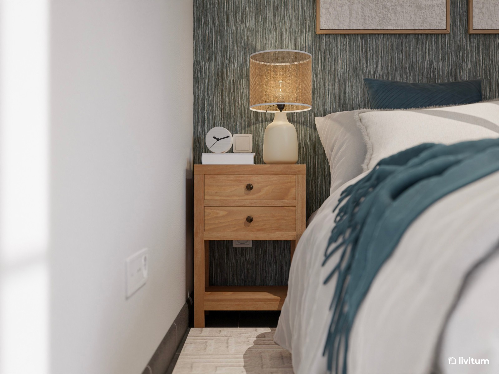 Dormitorio de estilo rústico con la combinación madera + verde