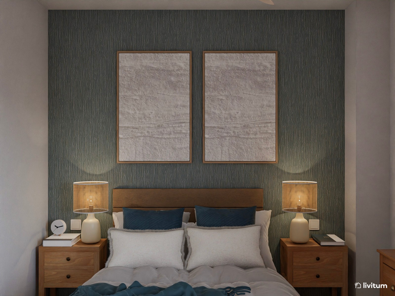 Dormitorio de estilo rústico con la combinación madera + verde