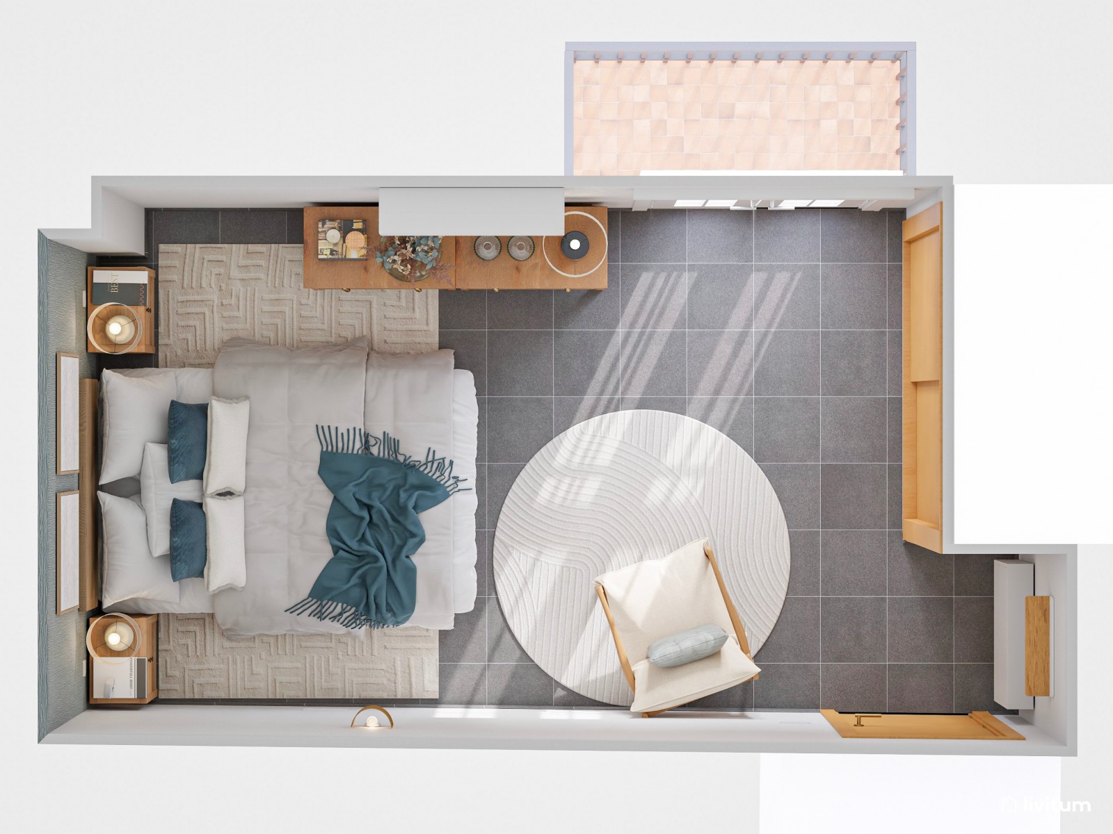 Dormitorio de estilo rústico con la combinación madera + verde