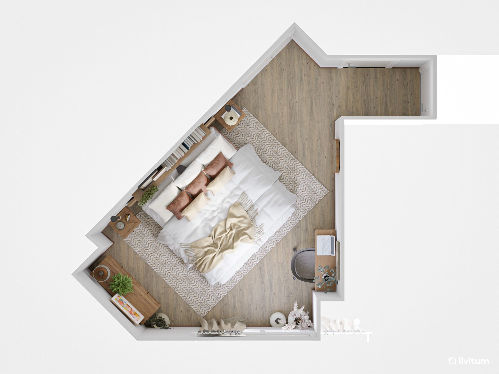 Dormitorio de estilo rústico en planta irregular