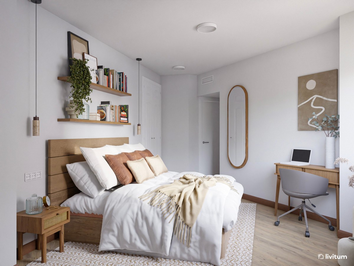 Dormitorio de estilo rústico en planta irregular